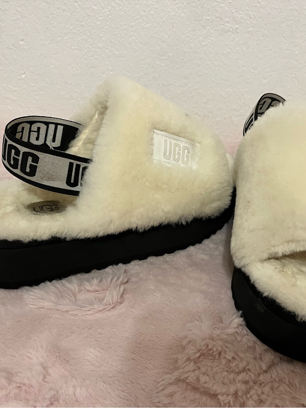 UGG Cream Shearling Slide Sandals with Branded Heel Strap